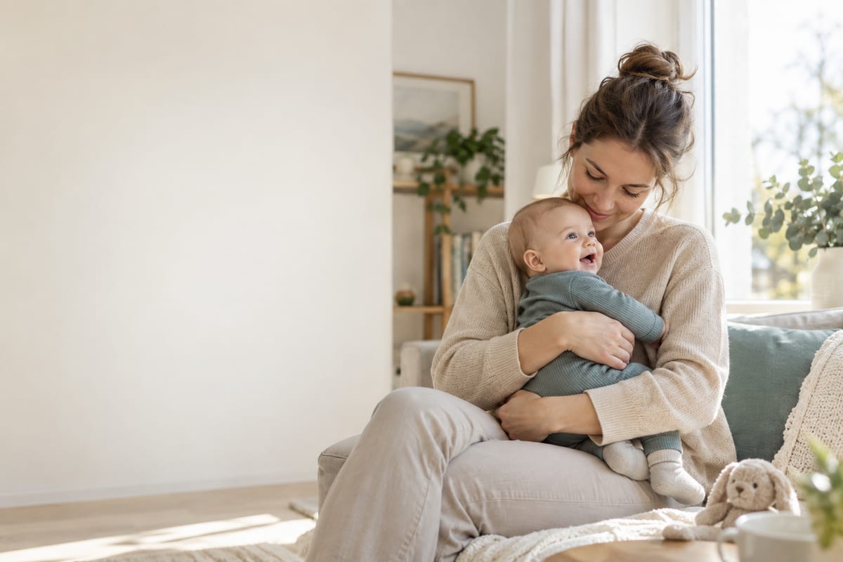 Ärztin in Elternzeit hält ihr Baby in einem hellen Wohnzimmer