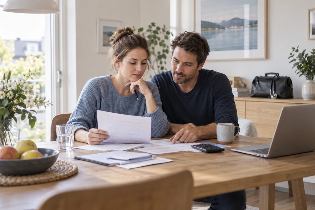 Ärztin und Partner prüfen zu Hause Unterlagen zur gemeinsamen Finanzplanung