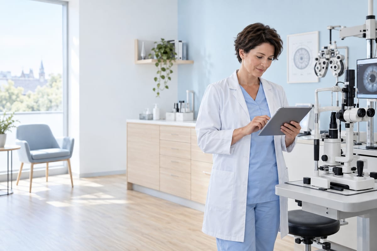 Allianz Ärzteversicherung – Leistungen und Kosten vergleichen Augenärztin mit Tablet neben augenmedizinischen Untersuchungsgeräten