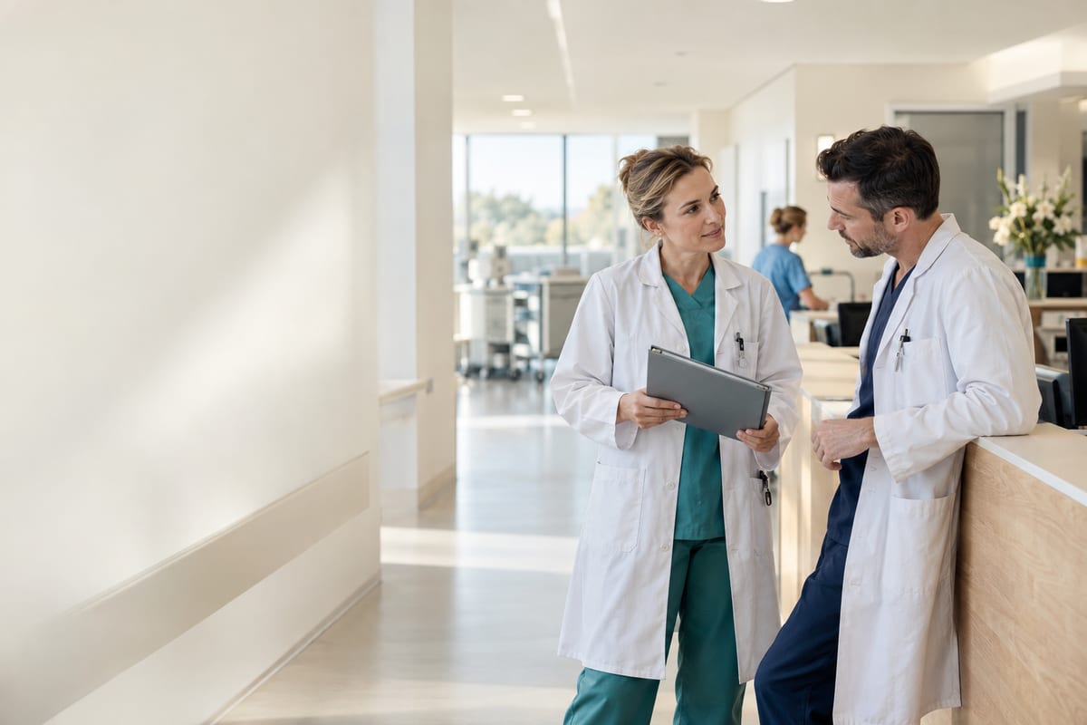 Angestellte Ärztin bespricht eine Patientenakte mit einem Kollegen auf einer Klinikstation