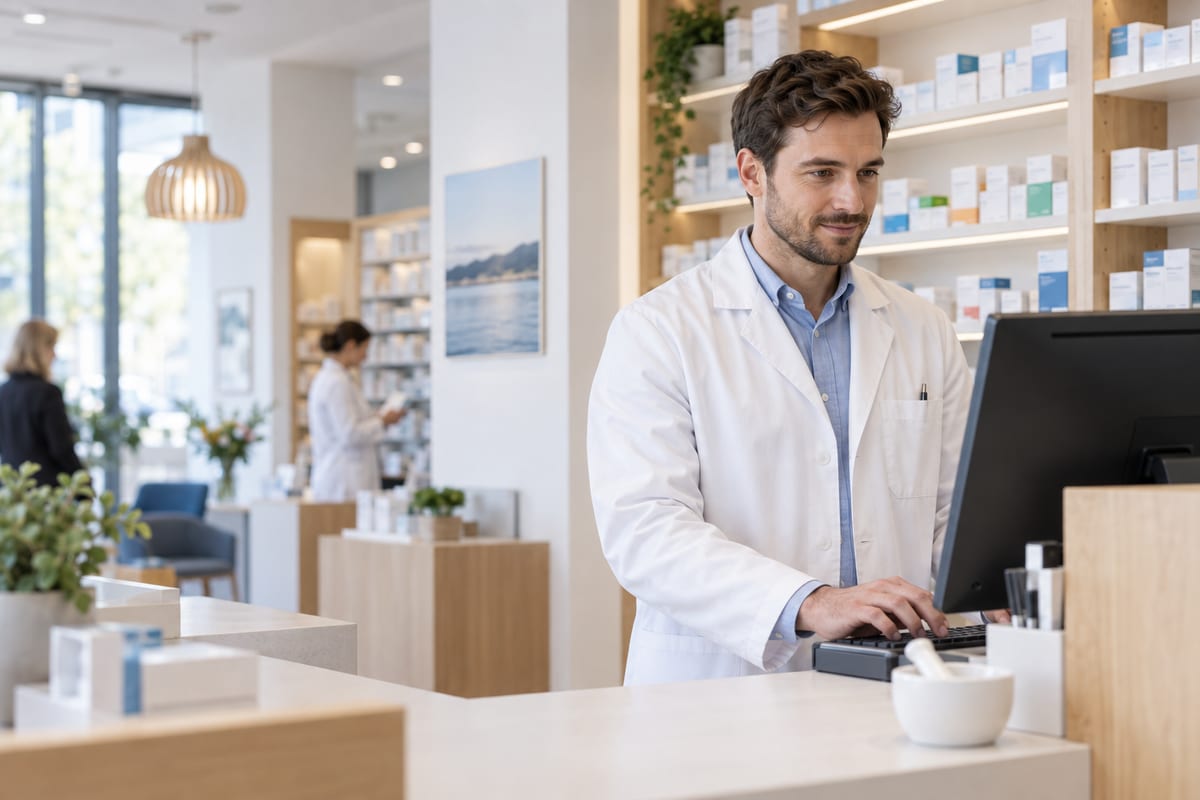 Berufsunfähigkeitsversicherung für Apotheker, PTA und PKA – BU-Bedarf prüfen Apotheker arbeitet am Computer hinter dem Apothekentresen
