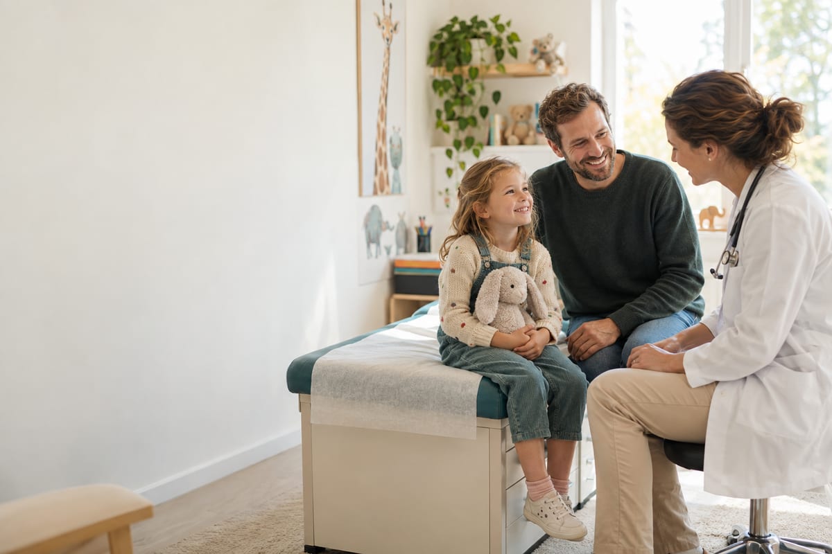 Vater und Kind im Gespräch mit einer Kinderärztin