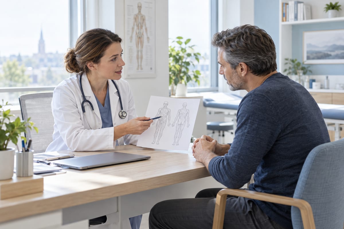 Ärztin erläutert einem Patienten eine medizinische Darstellung am Schreibtisch