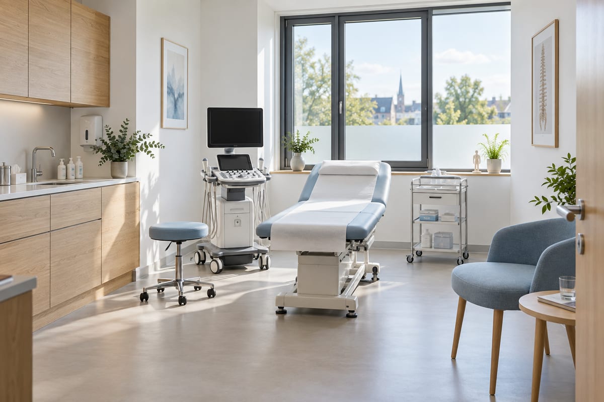 Praxisversicherung für Ärzte – Inventar, Medizintechnik und Ausfall schützen Heller Behandlungsraum mit Untersuchungsliege, Ultraschallgerät und Praxiseinrichtung