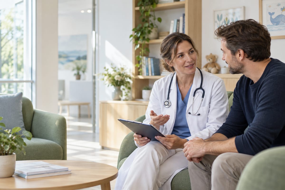 Barmenia für Ärzte: PKV, Berufshaftpflicht und BU – Leistungen einordnen Ärztin und Partner besprechen ihre Gesundheitsvorsorge
