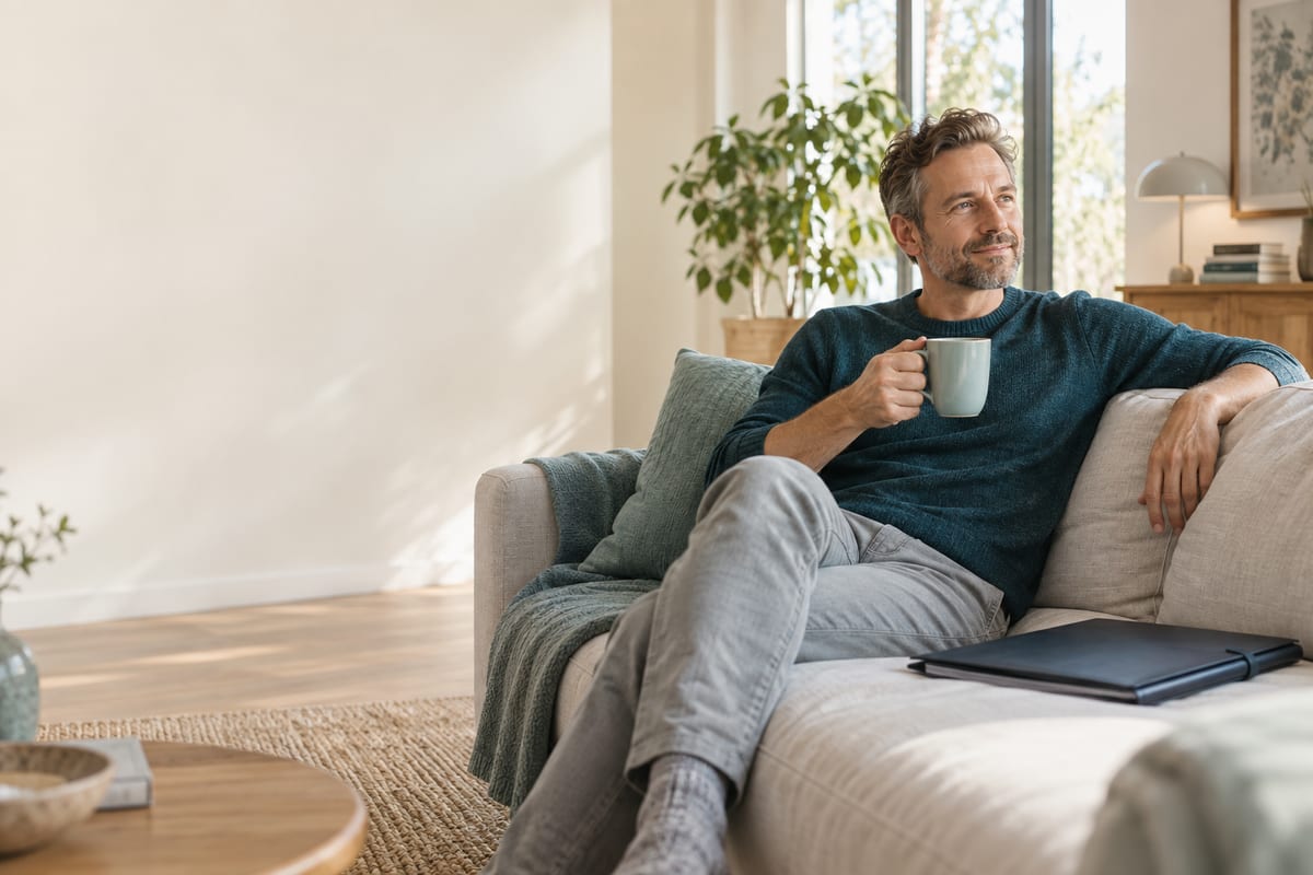 Arzt erholt sich zu Hause auf dem Sofa neben einer geschlossenen Unterlagenmappe
