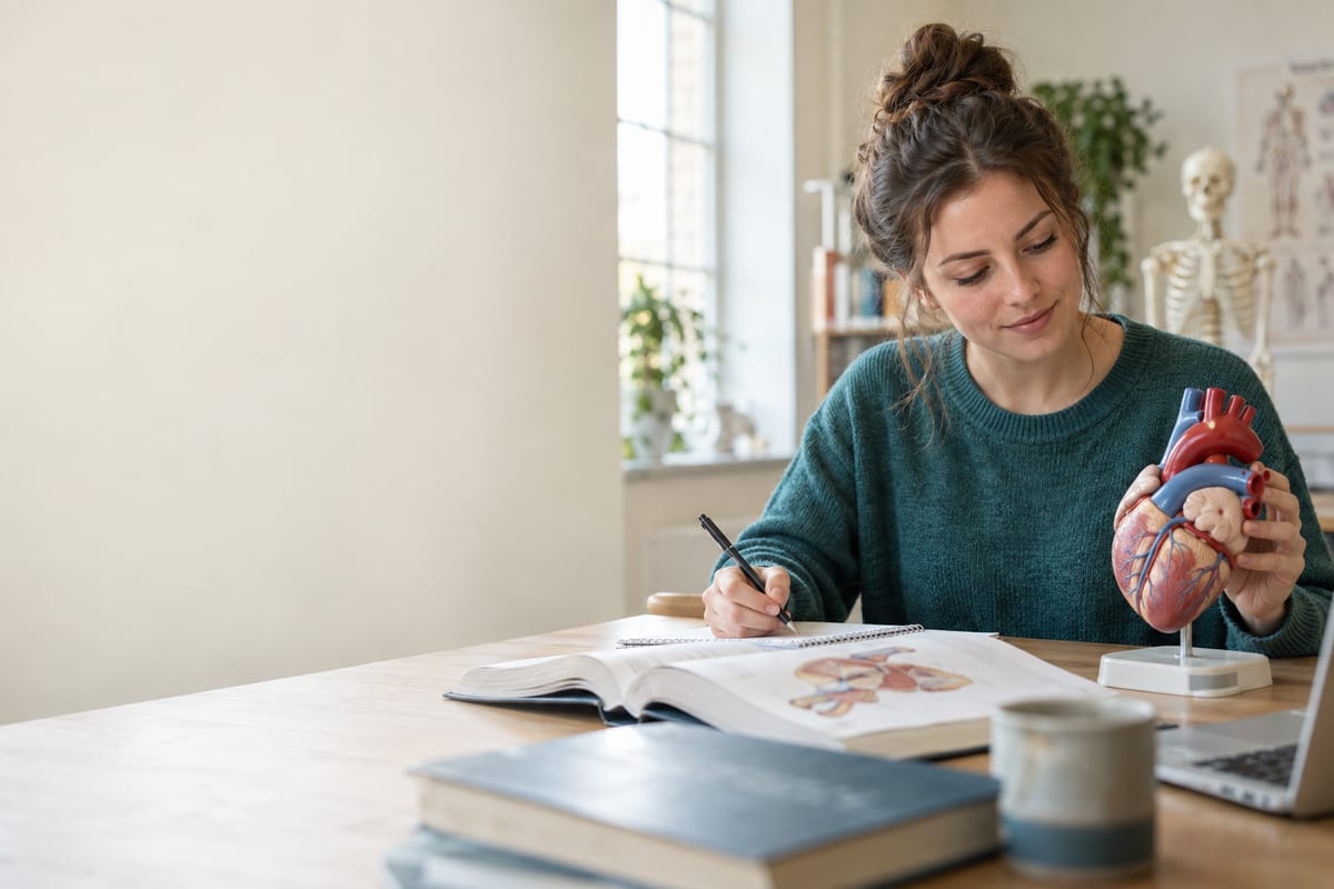 Medizinstudenten versichern – Haftpflicht und Arbeitskraft im Studium Medizinstudentin mit Anatomiemodell und Lehrbuch an einem hellen Lernplatz
