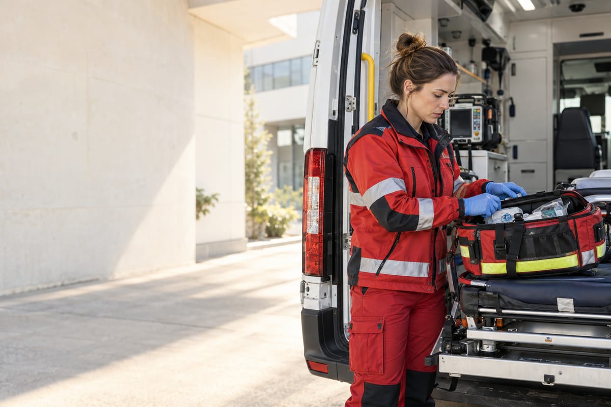 Notarzt-Berufshaftpflicht – Rettungsdienst und Nebentätigkeit absichern Notärztin neben einem Rettungswagen mit medizinischer Ausrüstung